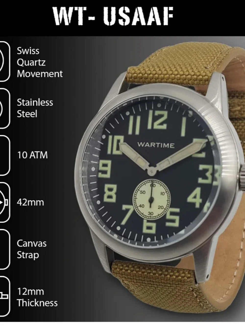 Wartime WW2 USAAF Swiss-Quartz Movement Canvas Strap 42MM Watch NEW